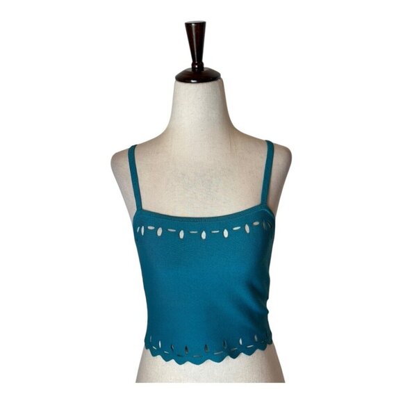 Sandro Tank Top Small Teal Blue Fine Knit Cut Out Detail Scalloped Hem Cami Top - Picture 4 of 12